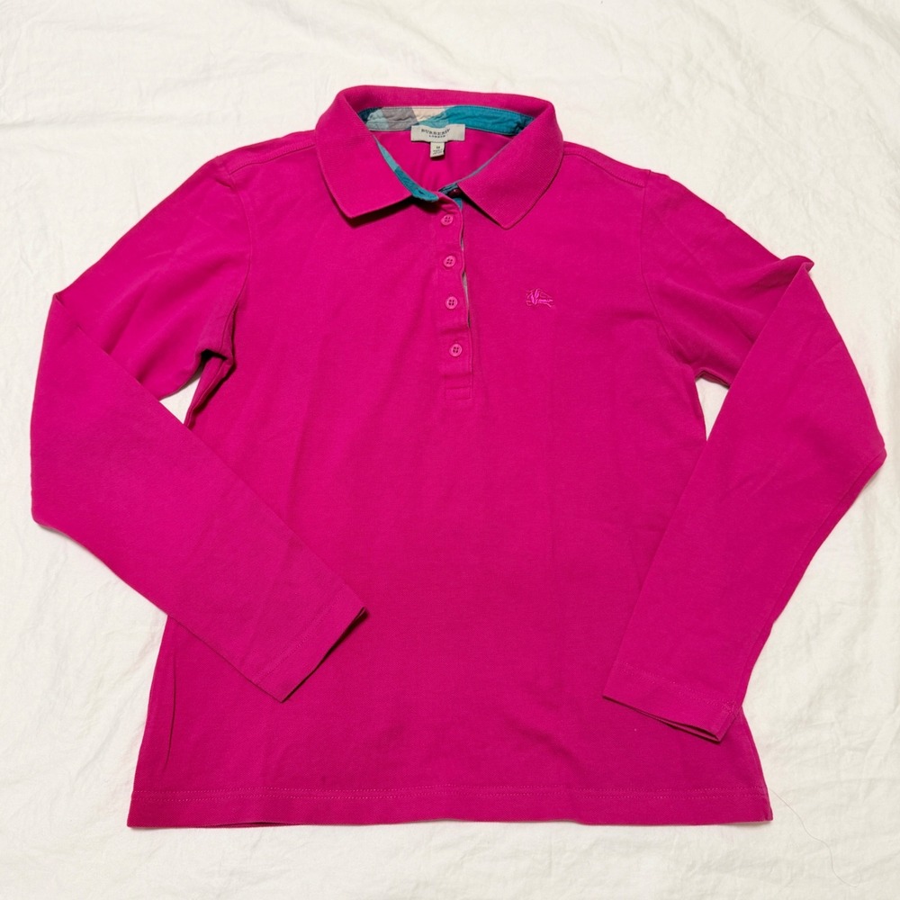 Burberry London LS Polo Shirt Girls Cotton Magenta Pink Preppy Youth Medium M